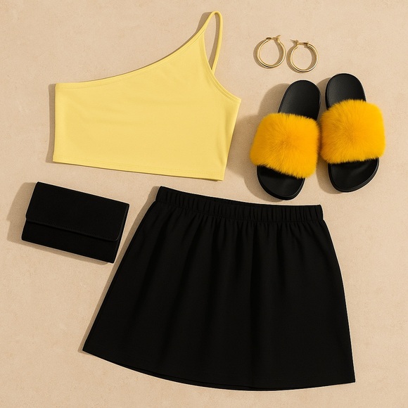 Plus Size Yellow Asymmetrical Crop Top – One-Shoulder Stretch Tank | Size 18 - Picture 2 of 8